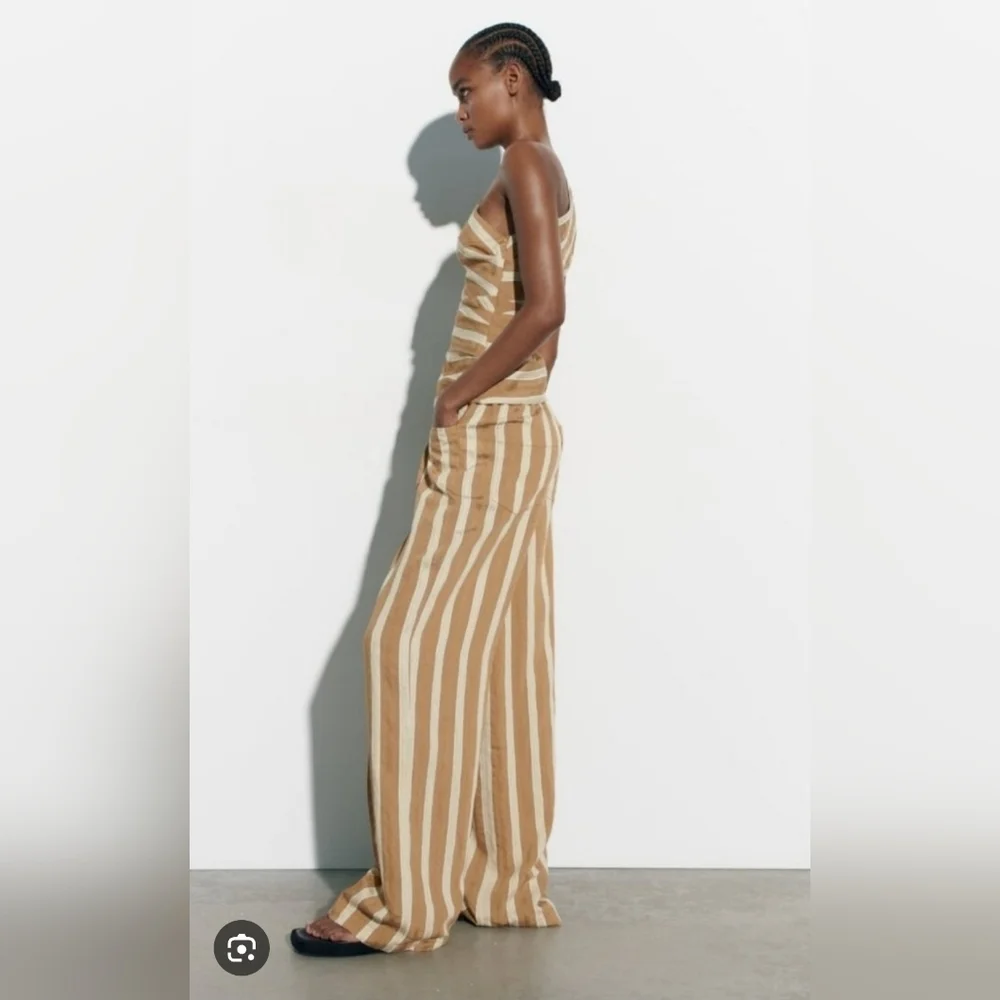 Zara Tan and Cream Striped Wide Leg Pants - Picture 2 of 14